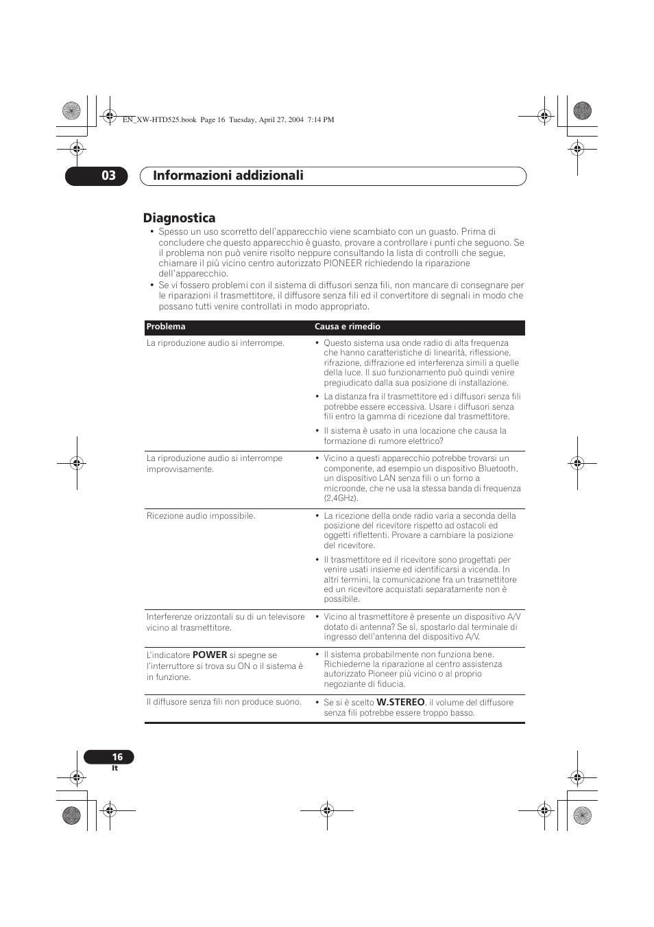 Diagnostica, Informazioni addizionali 03 | Pioneer XW-HTD525 User Manual | Page 68 / 107