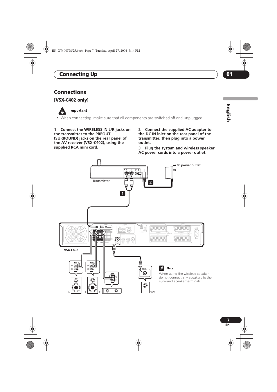 Connections, Connecting up 01, Englis h | Vsx-c402 only | Pioneer XW-HTD525 User Manual | Page 7 / 107