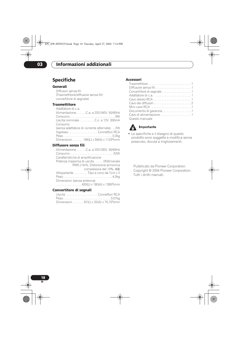 Specifiche, Informazioni addizionali 03 | Pioneer XW-HTD525 User Manual | Page 70 / 107