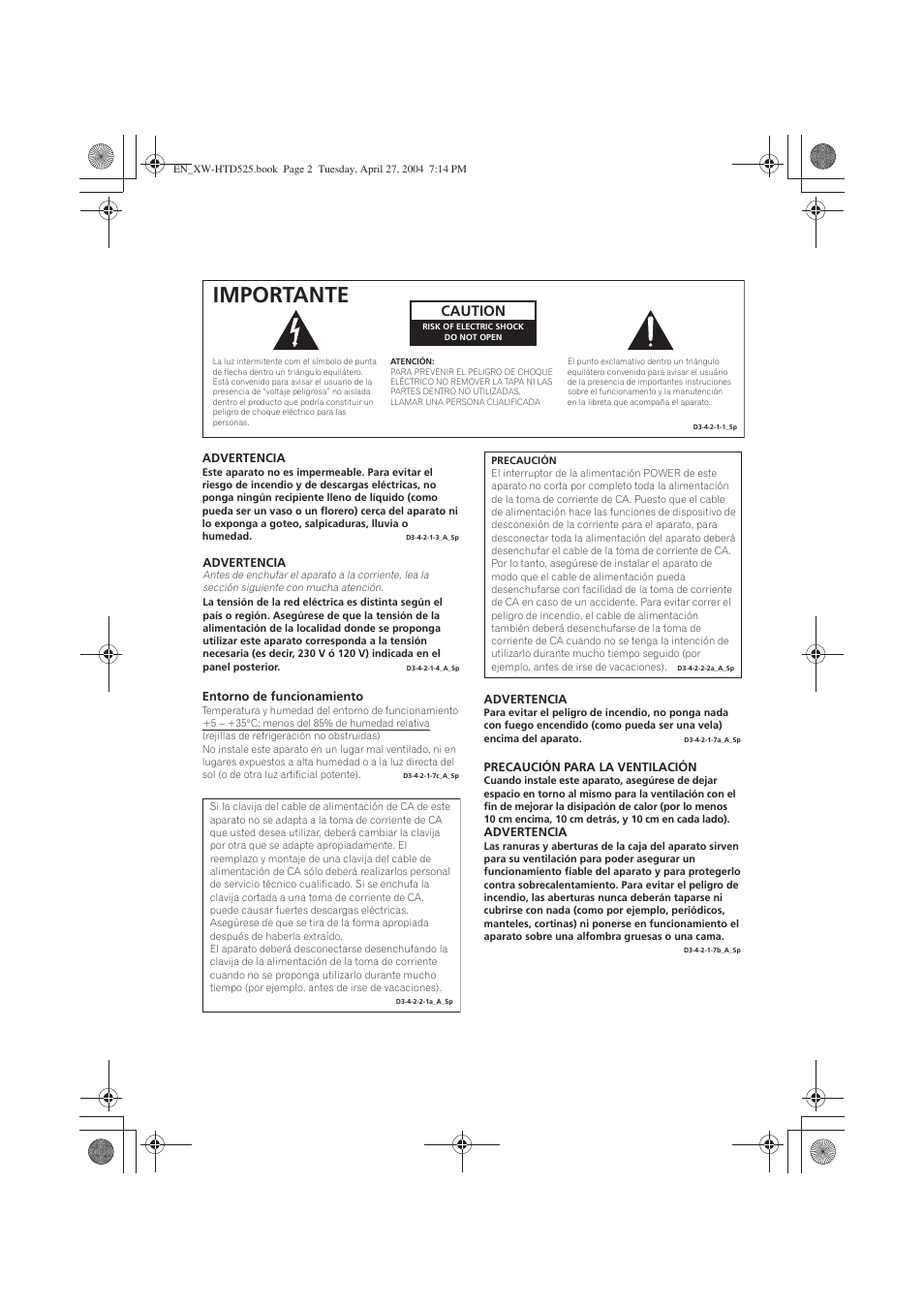 Importante, Caution | Pioneer XW-HTD525 User Manual | Page 72 / 107