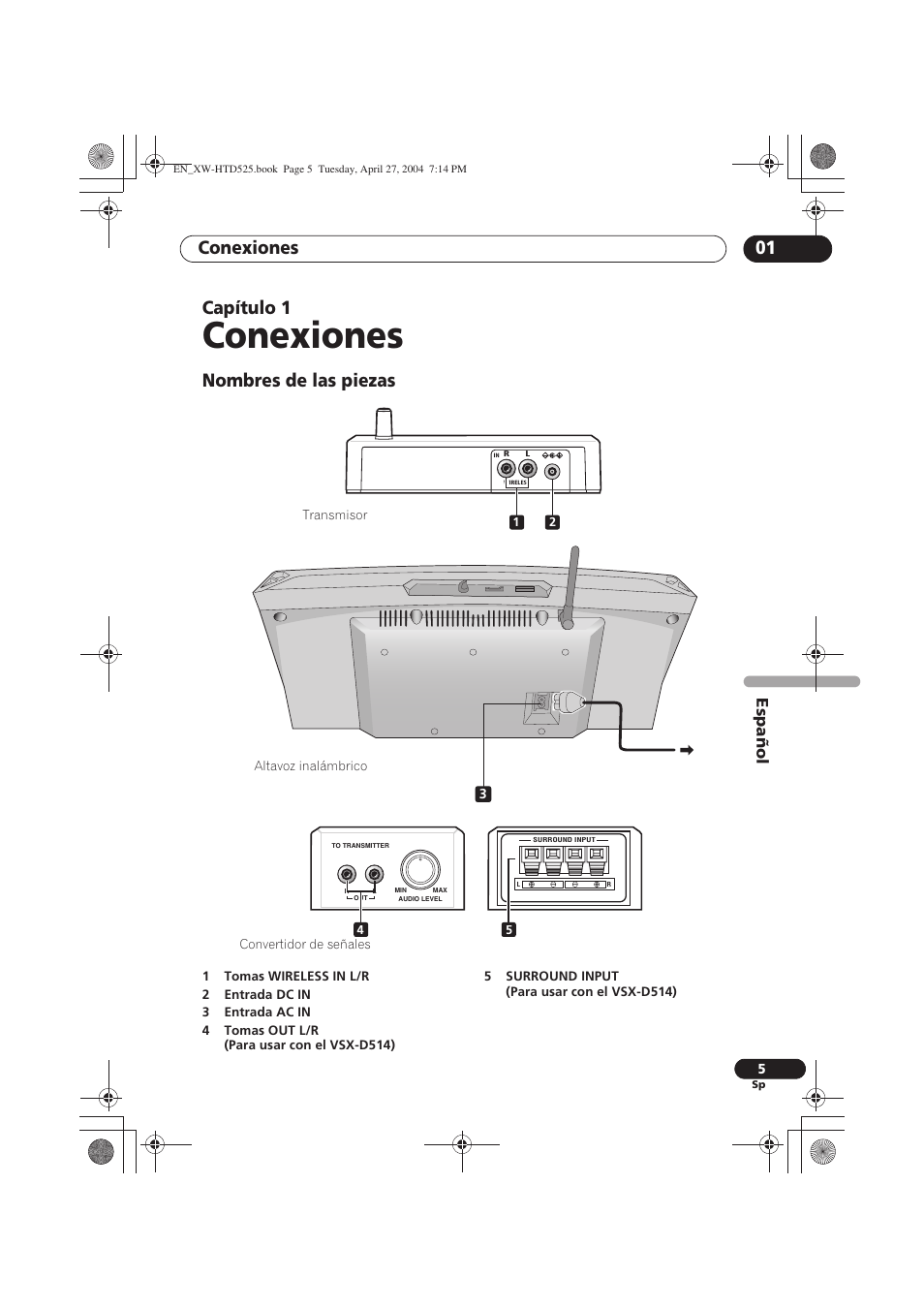 Conexiones, Nombres de las piezas, Conexiones 01 | Capítulo 1, Españo l | Pioneer XW-HTD525 User Manual | Page 75 / 107