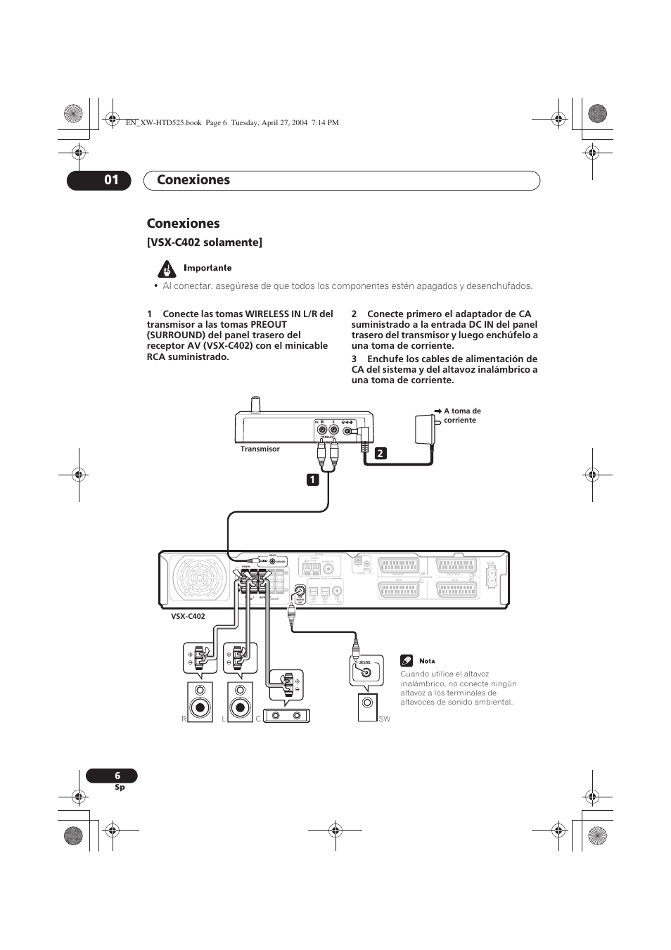 Conexiones, Conexiones 01, Vsx-c402 solamente | Pioneer XW-HTD525 User Manual | Page 76 / 107