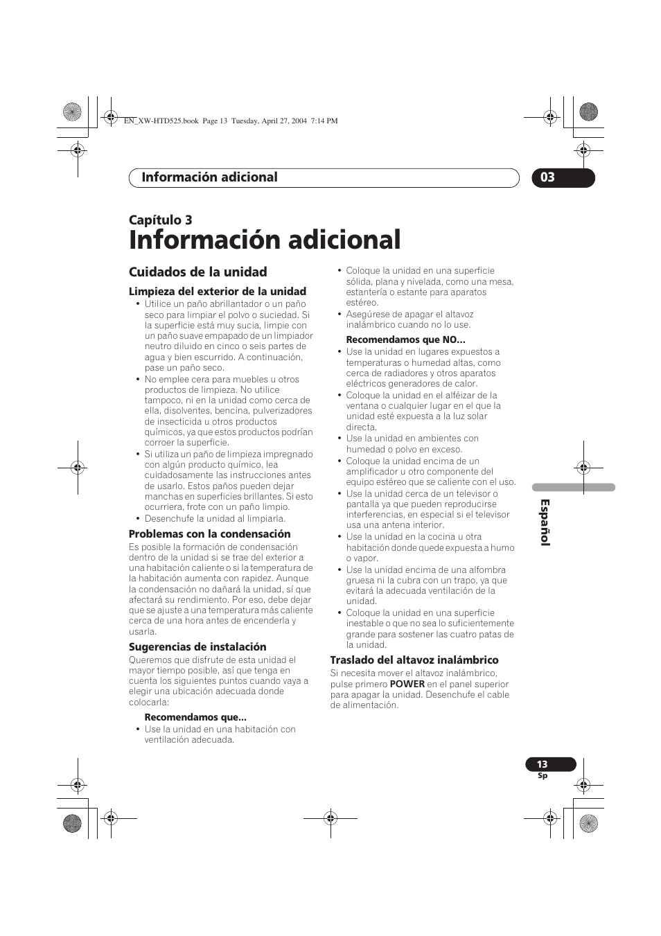 Información adicional, Cuidados de la unidad, Información adicional 03 | Capítulo 3 | Pioneer XW-HTD525 User Manual | Page 83 / 107