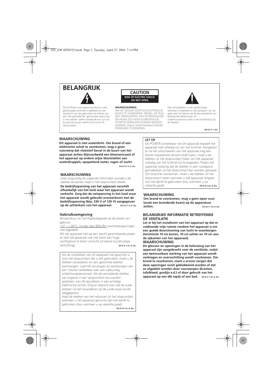 Belangrijk, Caution | Pioneer XW-HTD525 User Manual | Page 90 / 107