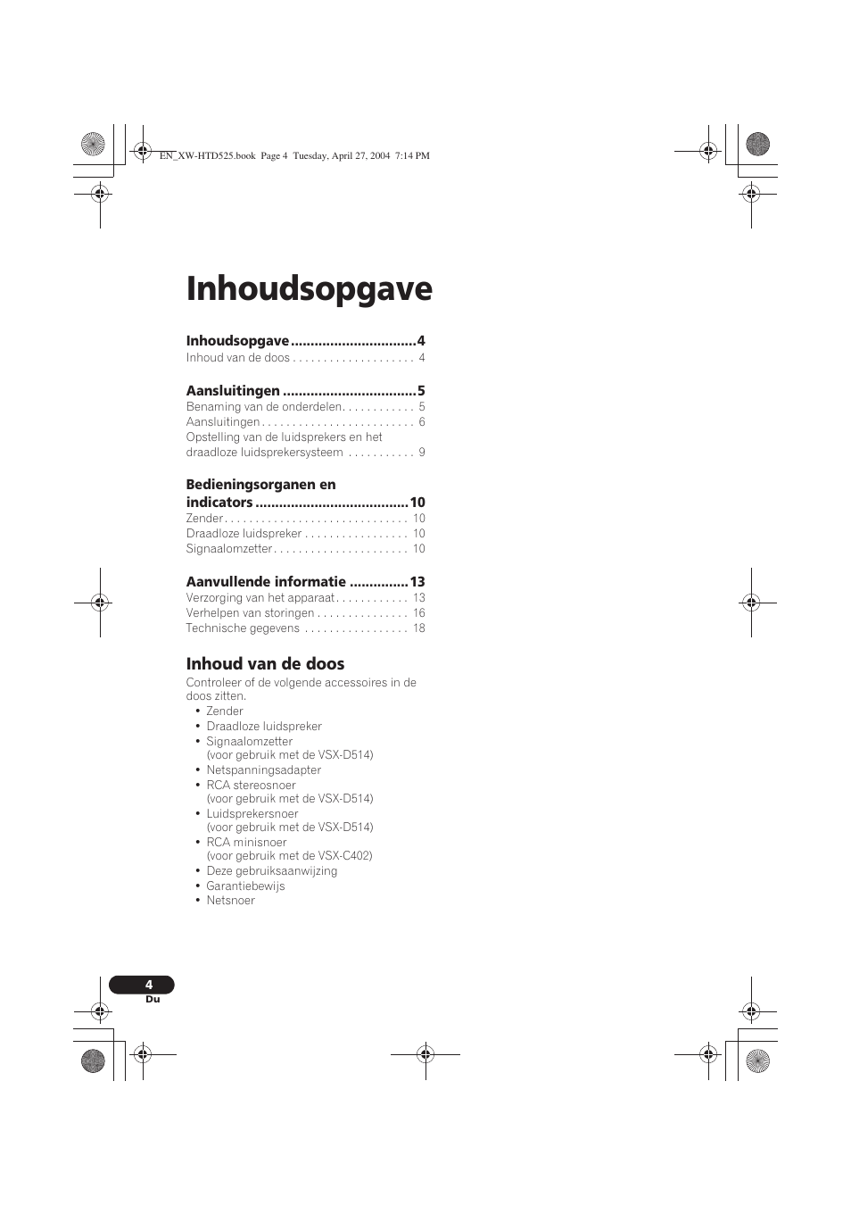 Gebruiksaanwijzing, Inhoudsopgave, Inhoud van de doos | Pioneer XW-HTD525 User Manual | Page 92 / 107