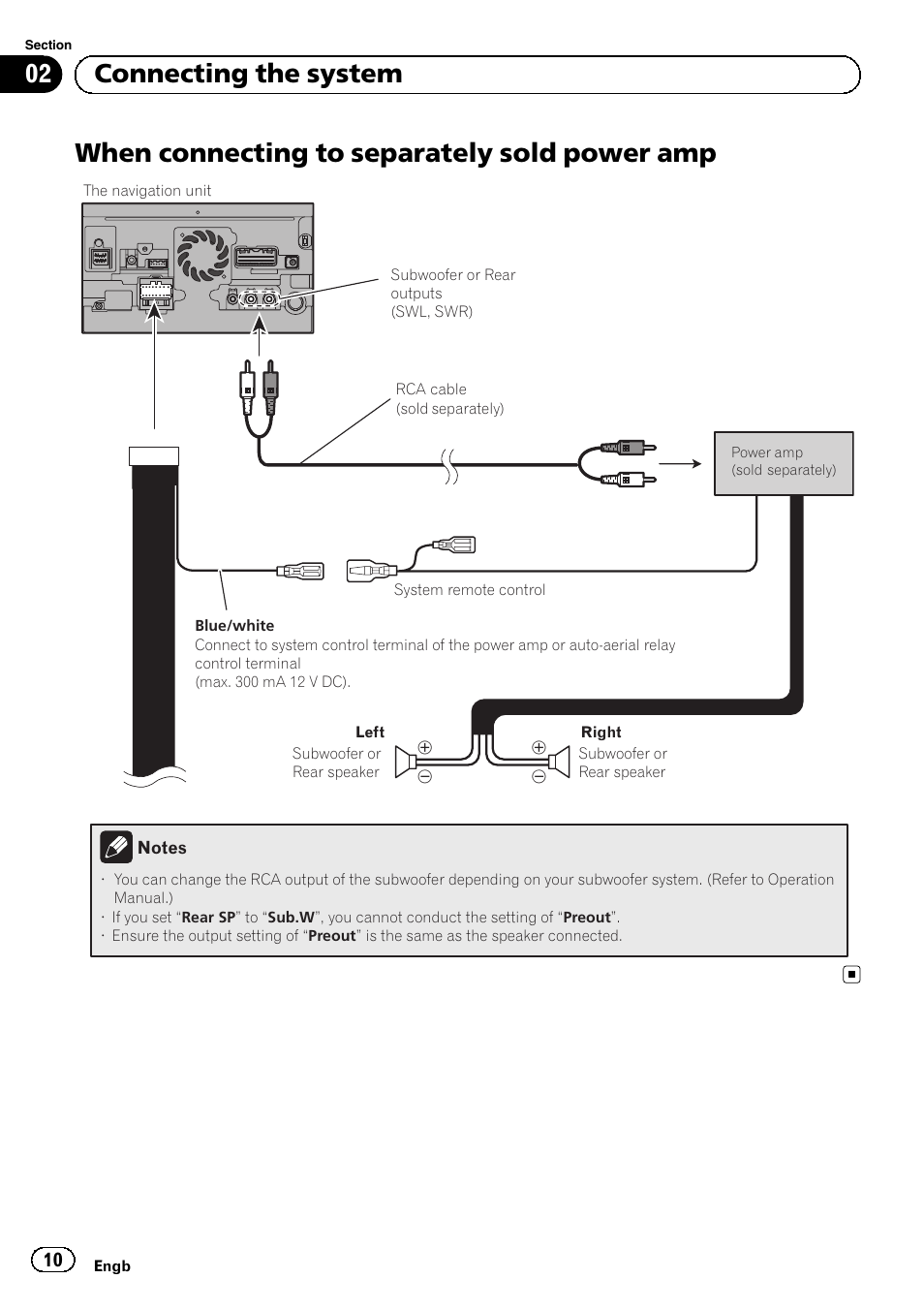 When connecting to separately sold power, When connecting to separately sold power amp, 02 connecting the system | Pioneer AVIC-F840BT User Manual | Page 10 / 124