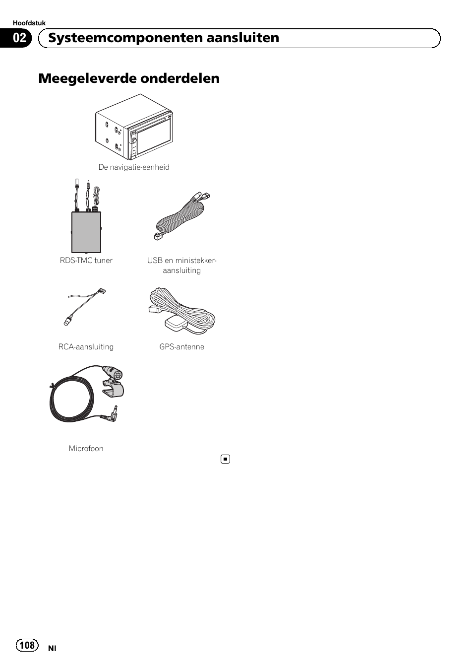 Meegeleverde onderdelen, 02 systeemcomponenten aansluiten | Pioneer AVIC-F840BT User Manual | Page 108 / 124