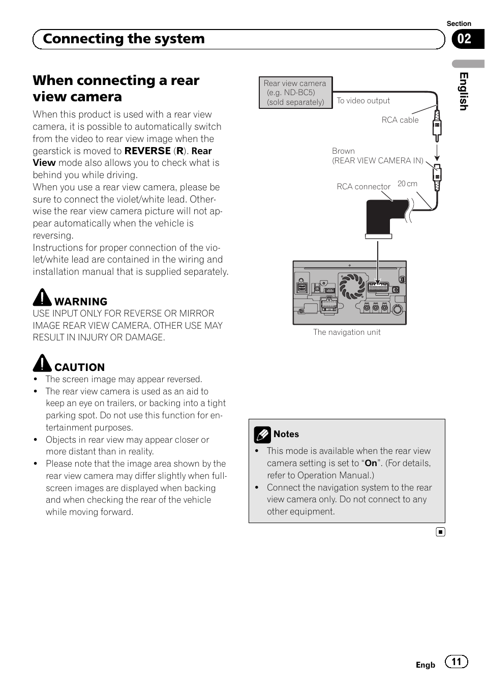 When connecting a rear view camera, 02 connecting the system | Pioneer AVIC-F840BT User Manual | Page 11 / 124