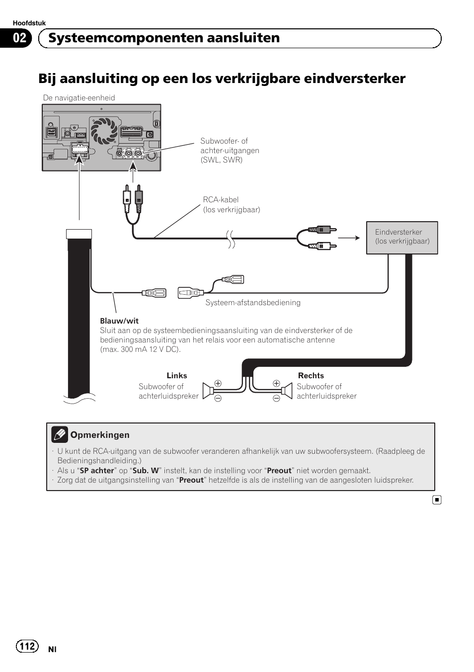 Bij aansluiting op een los verkrijgbare, Eindversterker, 02 systeemcomponenten aansluiten | Pioneer AVIC-F840BT User Manual | Page 112 / 124