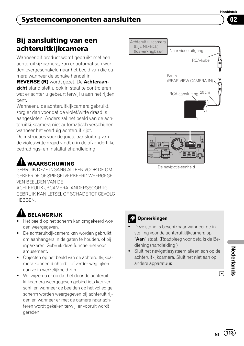 Bij aansluiting van een, Achteruitkijkcamera, Bij aansluiting van een achteruitkijkcamera | 02 systeemcomponenten aansluiten | Pioneer AVIC-F840BT User Manual | Page 113 / 124