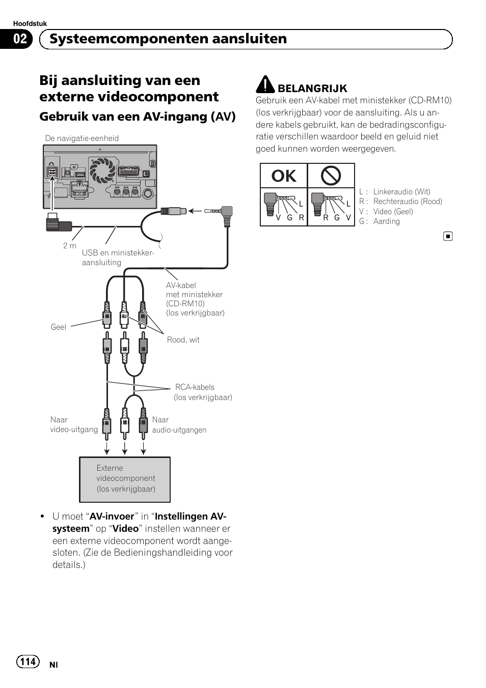 Bij aansluiting van een externe, Videocomponent, Gebruik van een av-ingang (av) 114 | Bij aansluiting van een externe videocomponent, 02 systeemcomponenten aansluiten, Gebruik van een av-ingang (av) | Pioneer AVIC-F840BT User Manual | Page 114 / 124