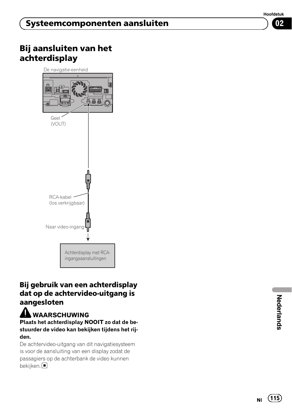 Bij aansluiten van het achterdisplay, Bij gebruik van een achterdisplay dat, Op de achtervideo-uitgang is aangesloten | 02 systeemcomponenten aansluiten | Pioneer AVIC-F840BT User Manual | Page 115 / 124