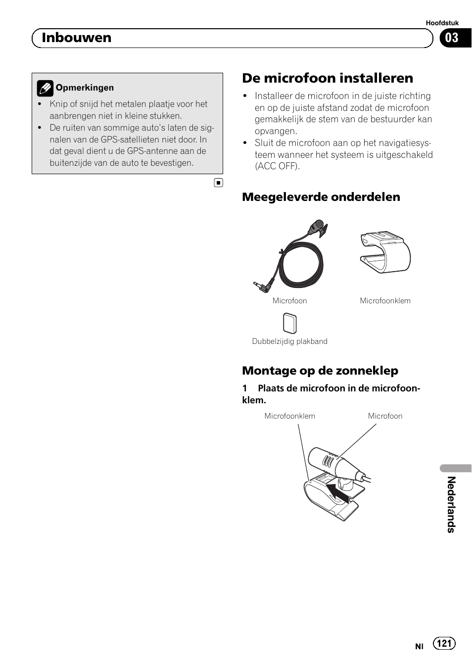 De microfoon installeren, Meegeleverde onderdelen 121, Montage op de zonneklep 121 | 03 inbouwen, Meegeleverde onderdelen, Montage op de zonneklep | Pioneer AVIC-F840BT User Manual | Page 121 / 124