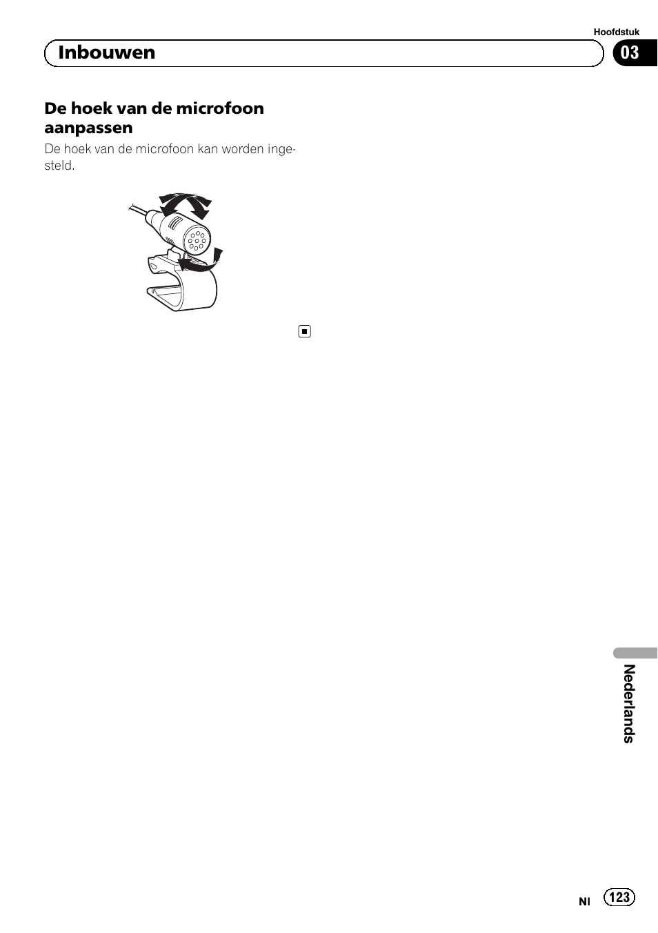 De hoek van de microfoon, Aanpassen, 03 inbouwen | Pioneer AVIC-F840BT User Manual | Page 123 / 124