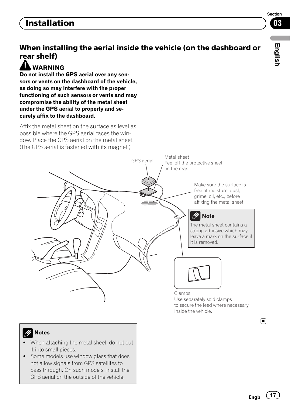 When installing the aerial inside the, Vehicle (on the dashboard or rear shelf), 03 installation | Pioneer AVIC-F840BT User Manual | Page 17 / 124