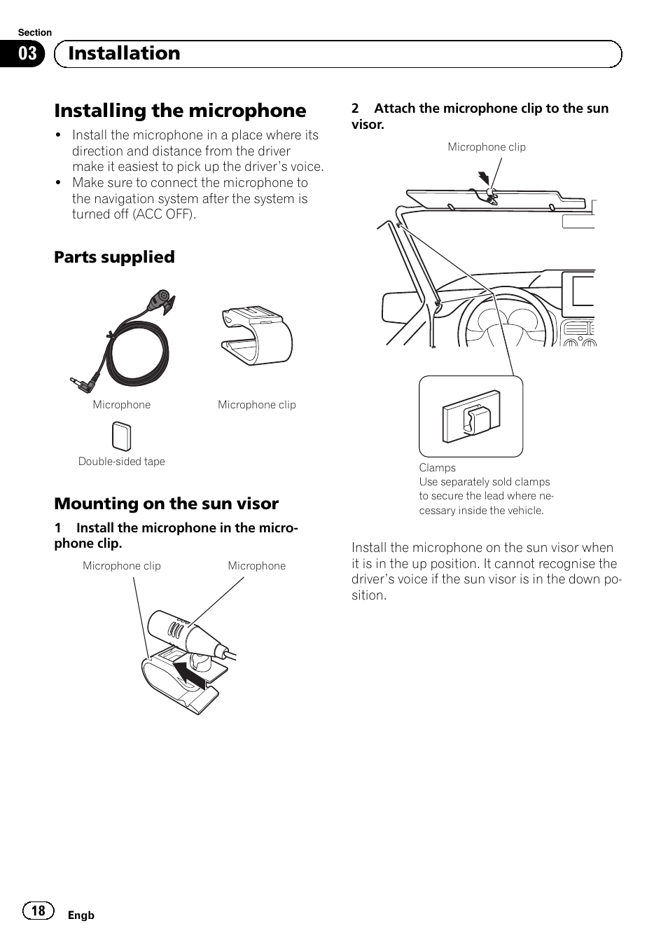 Installing the microphone, Parts supplied 18, Mounting on the sun visor 18 | 03 installation, Parts supplied, Mounting on the sun visor | Pioneer AVIC-F840BT User Manual | Page 18 / 124