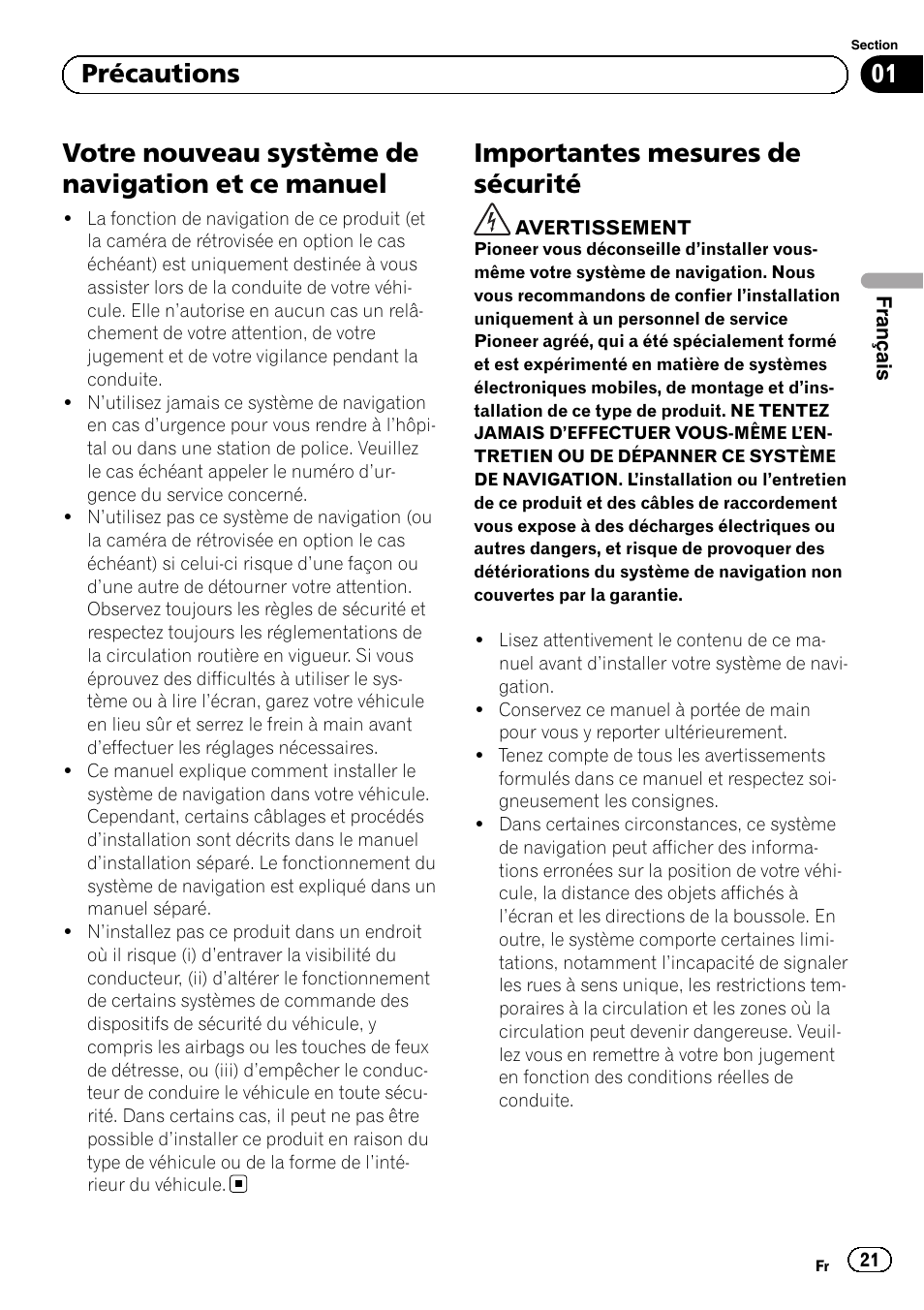 Précautions, Votre nouveau système de navigation et ce, Manuel | Importantes mesures de sécurité, Votre nouveau système de navigation et ce manuel, 01 précautions | Pioneer AVIC-F840BT User Manual | Page 21 / 124