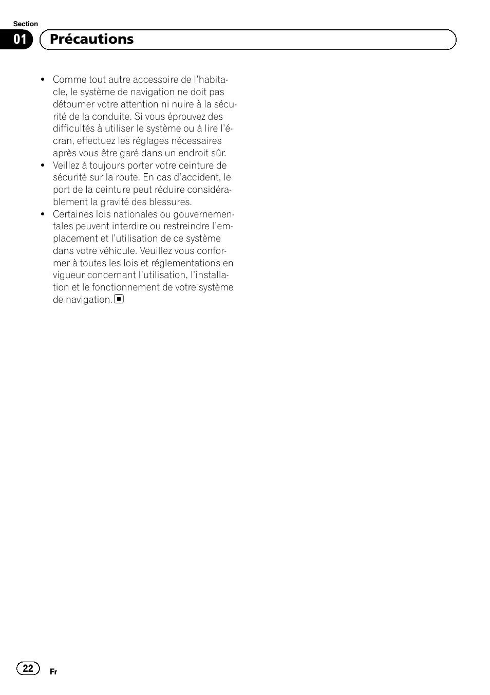 01 précautions | Pioneer AVIC-F840BT User Manual | Page 22 / 124