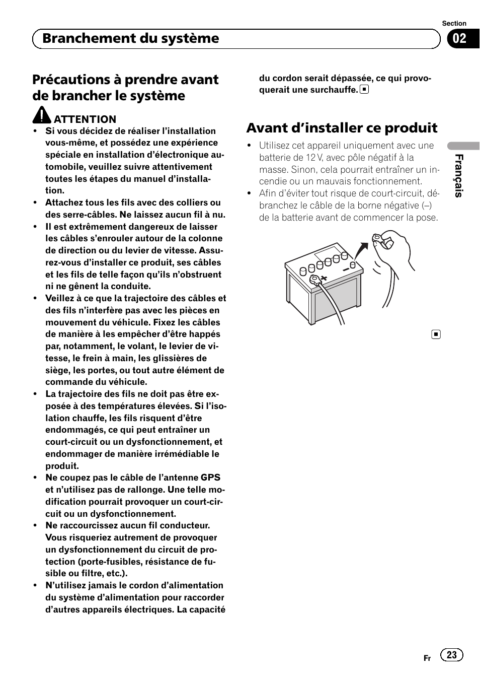 Système, Avant d, Installer ce produit 23 | Précautions à prendre avant de brancher le système, Avant d ’installer ce produit, 02 branchement du système | Pioneer AVIC-F840BT User Manual | Page 23 / 124