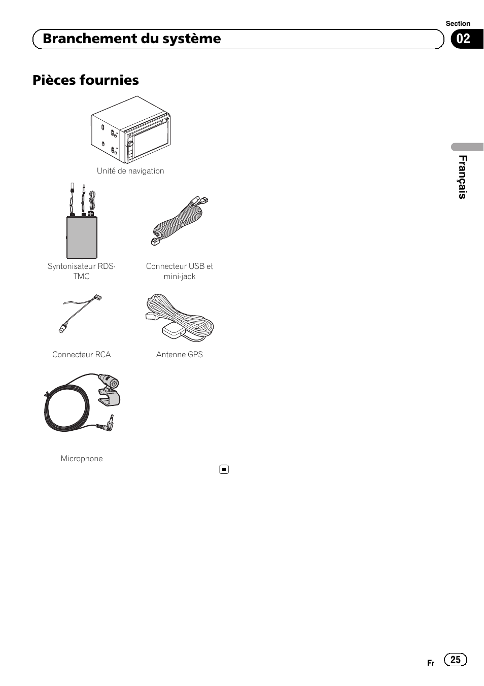 Pièces fournies, 02 branchement du système | Pioneer AVIC-F840BT User Manual | Page 25 / 124