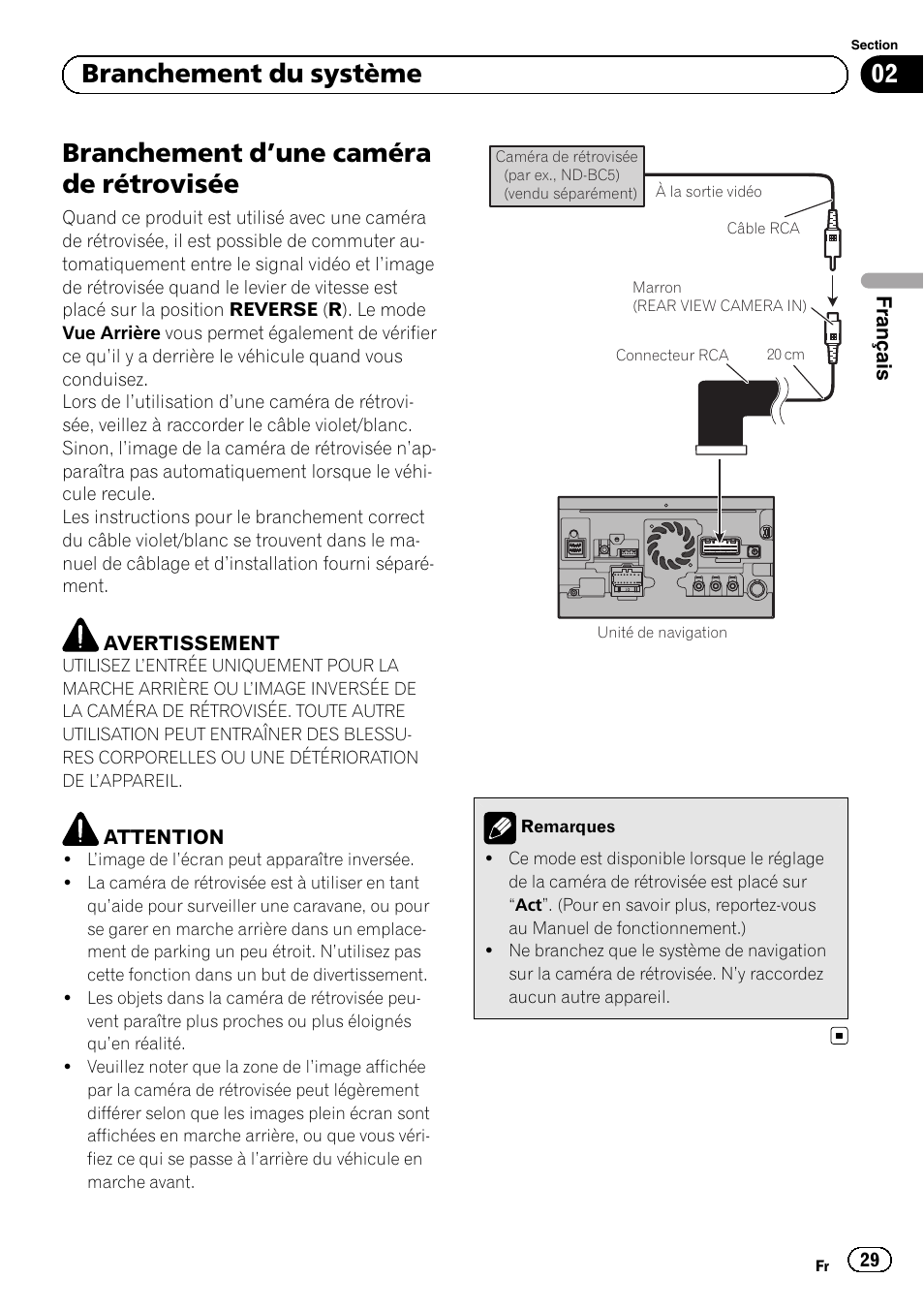 Branchement d, Une caméra de, Rétrovisée | Branchement d ’une caméra de rétrovisée, 02 branchement du système | Pioneer AVIC-F840BT User Manual | Page 29 / 124
