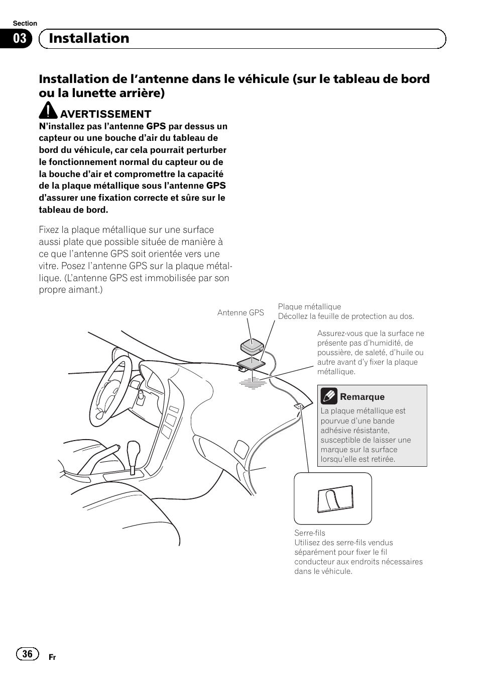 Installation de l’antenne dans le, 03 installation | Pioneer AVIC-F840BT User Manual | Page 36 / 124