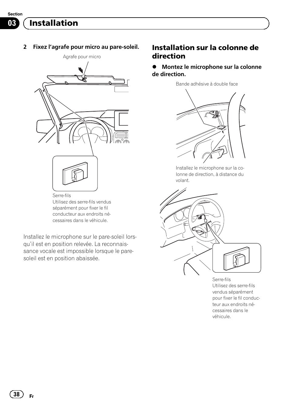 Installation sur la colonne de, Direction, 03 installation | Installation sur la colonne de direction | Pioneer AVIC-F840BT User Manual | Page 38 / 124