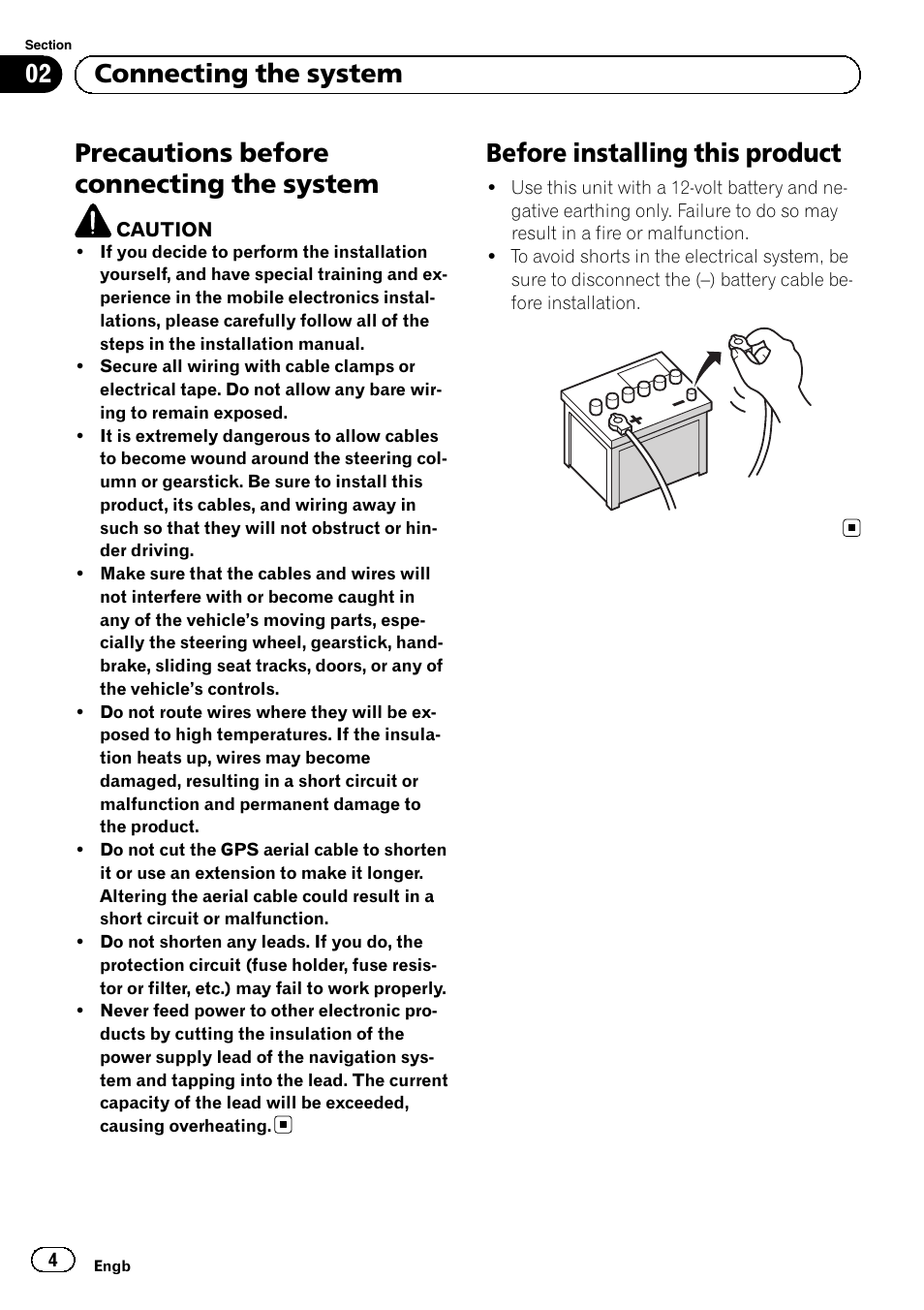 System, Before installing this product, Precautions before connecting the system | 02 connecting the system | Pioneer AVIC-F840BT User Manual | Page 4 / 124