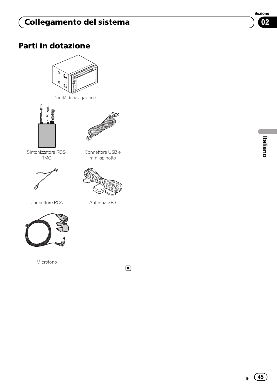 Parti in dotazione, 02 collegamento del sistema | Pioneer AVIC-F840BT User Manual | Page 45 / 124