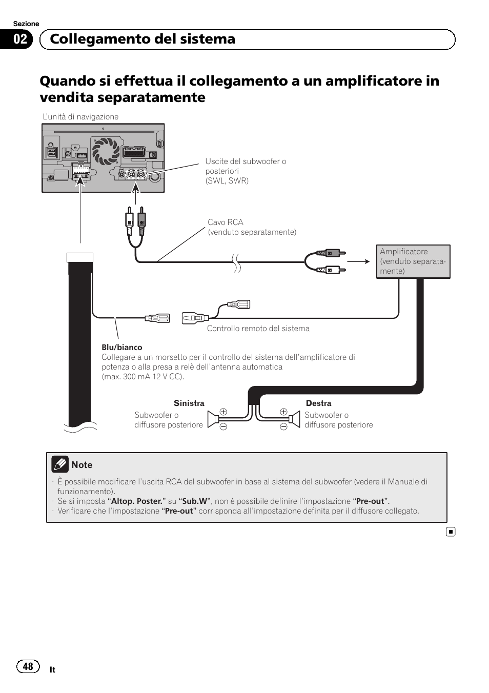 Quando si effettua il collegamento a un, Amplificatore in vendita separatamente, 02 collegamento del sistema | Pioneer AVIC-F840BT User Manual | Page 48 / 124