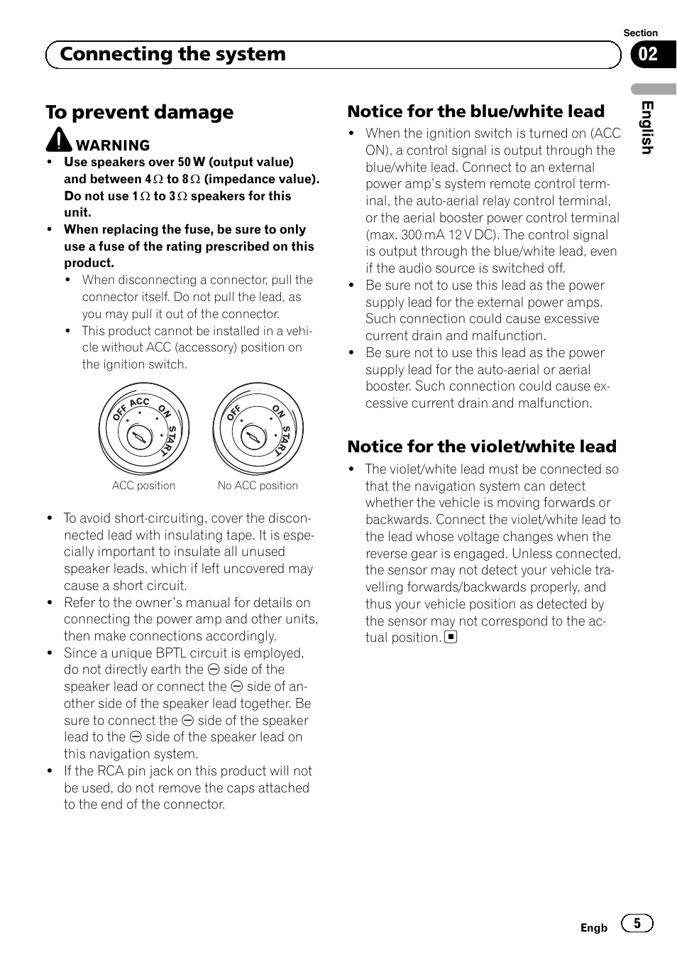 To prevent damage, Notice for the blue/white lead 5, Notice for the violet/white lead 5 | 02 connecting the system, Notice for the blue/white lead, Notice for the violet/white lead, English | Pioneer AVIC-F840BT User Manual | Page 5 / 124