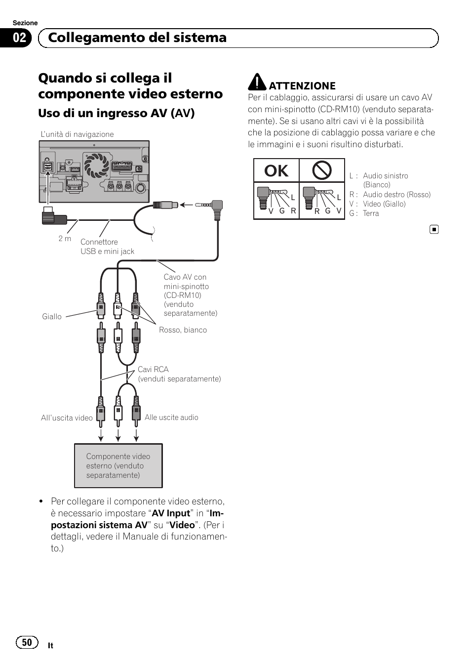 Quando si collega il componente video, Esterno, Uso di un ingresso av (av) 50 | Quando si collega il componente video esterno, 02 collegamento del sistema, Uso di un ingresso av (av) | Pioneer AVIC-F840BT User Manual | Page 50 / 124