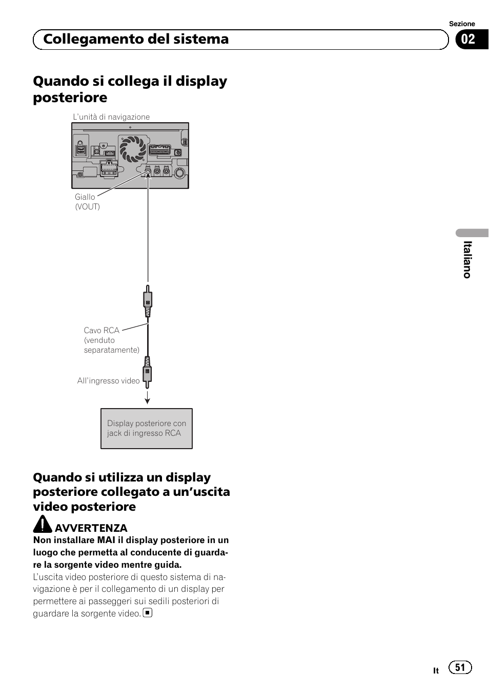 Quando si collega il display posteriore, Quando si utilizza un display posteriore, Collegato a un | Uscita video, Posteriore, 02 collegamento del sistema | Pioneer AVIC-F840BT User Manual | Page 51 / 124