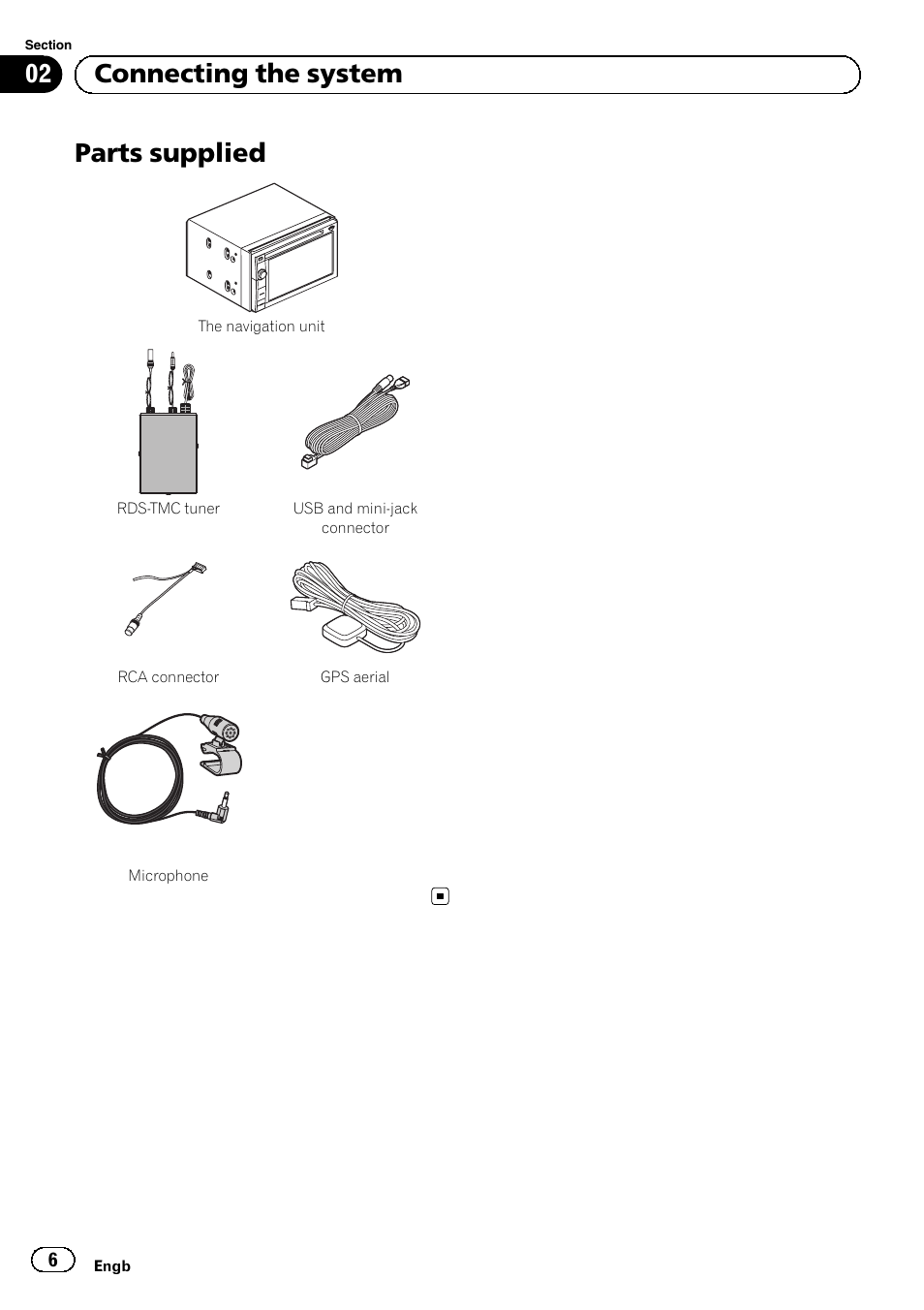 Parts supplied, 02 connecting the system | Pioneer AVIC-F840BT User Manual | Page 6 / 124