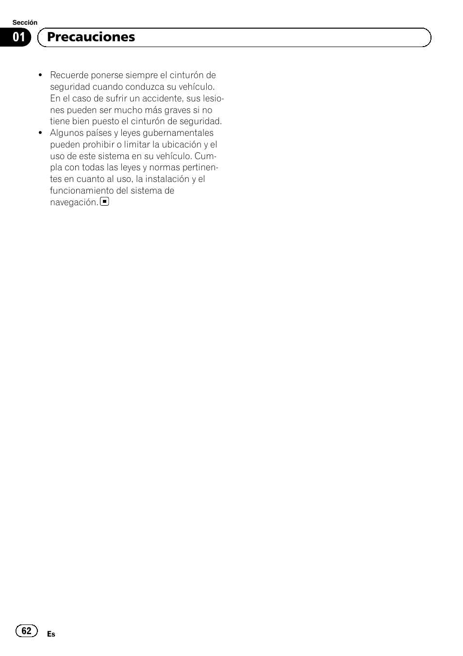 01 precauciones | Pioneer AVIC-F840BT User Manual | Page 62 / 124