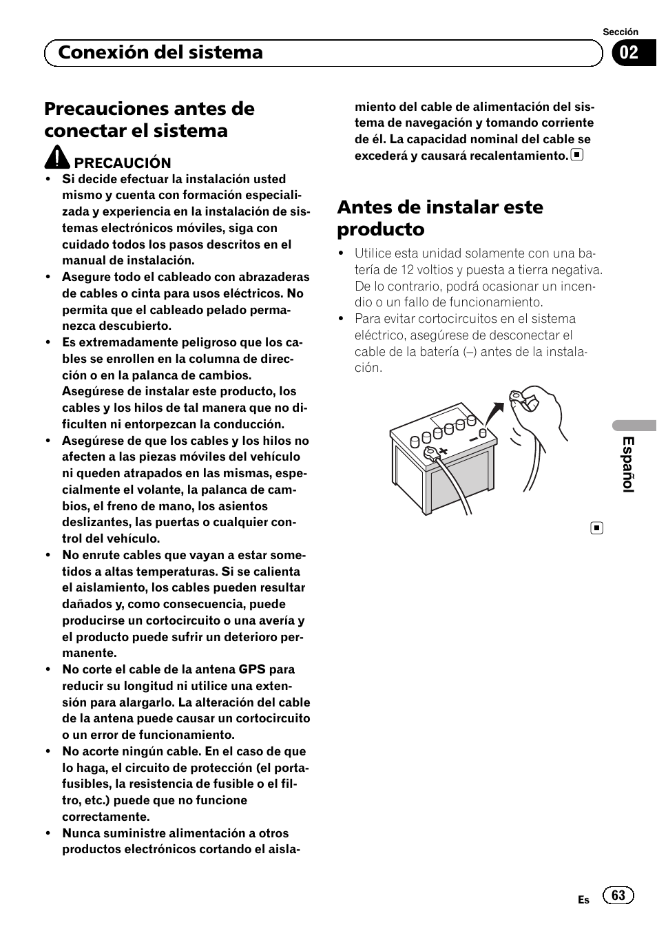 Sistema, Antes de instalar este producto, Precauciones antes de conectar el sistema | 02 conexión del sistema | Pioneer AVIC-F840BT User Manual | Page 63 / 124