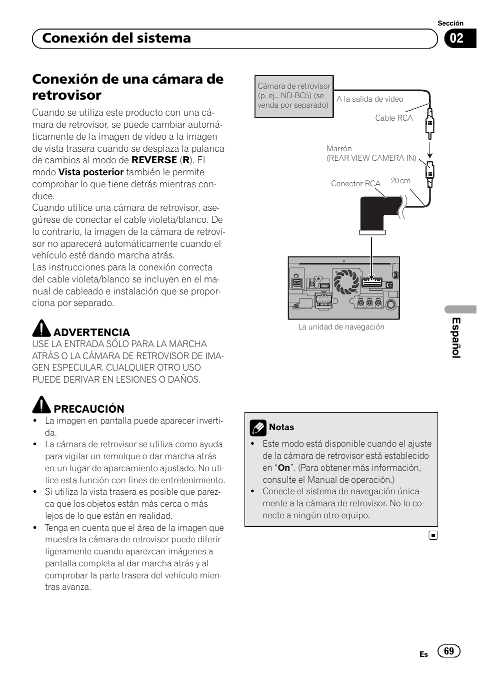 Conexión de una cámara de retrovisor, 02 conexión del sistema | Pioneer AVIC-F840BT User Manual | Page 69 / 124