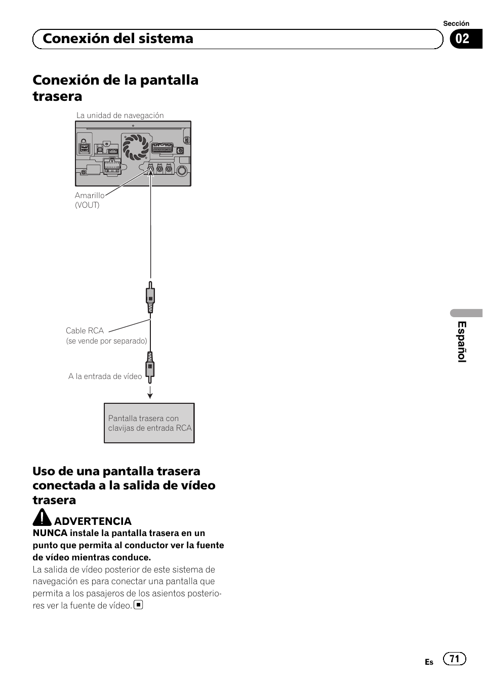 Conexión de la pantalla trasera, Uso de una pantalla trasera conectada, A la salida de vídeo trasera | 02 conexión del sistema | Pioneer AVIC-F840BT User Manual | Page 71 / 124