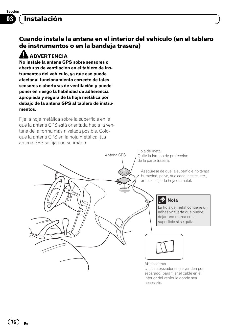 Cuando instale la antena en el interior, 03 instalación | Pioneer AVIC-F840BT User Manual | Page 76 / 124