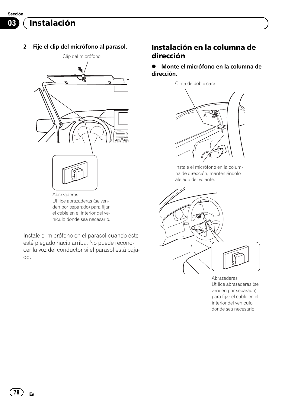 Instalación en la columna de, Dirección, 03 instalación | Instalación en la columna de dirección | Pioneer AVIC-F840BT User Manual | Page 78 / 124