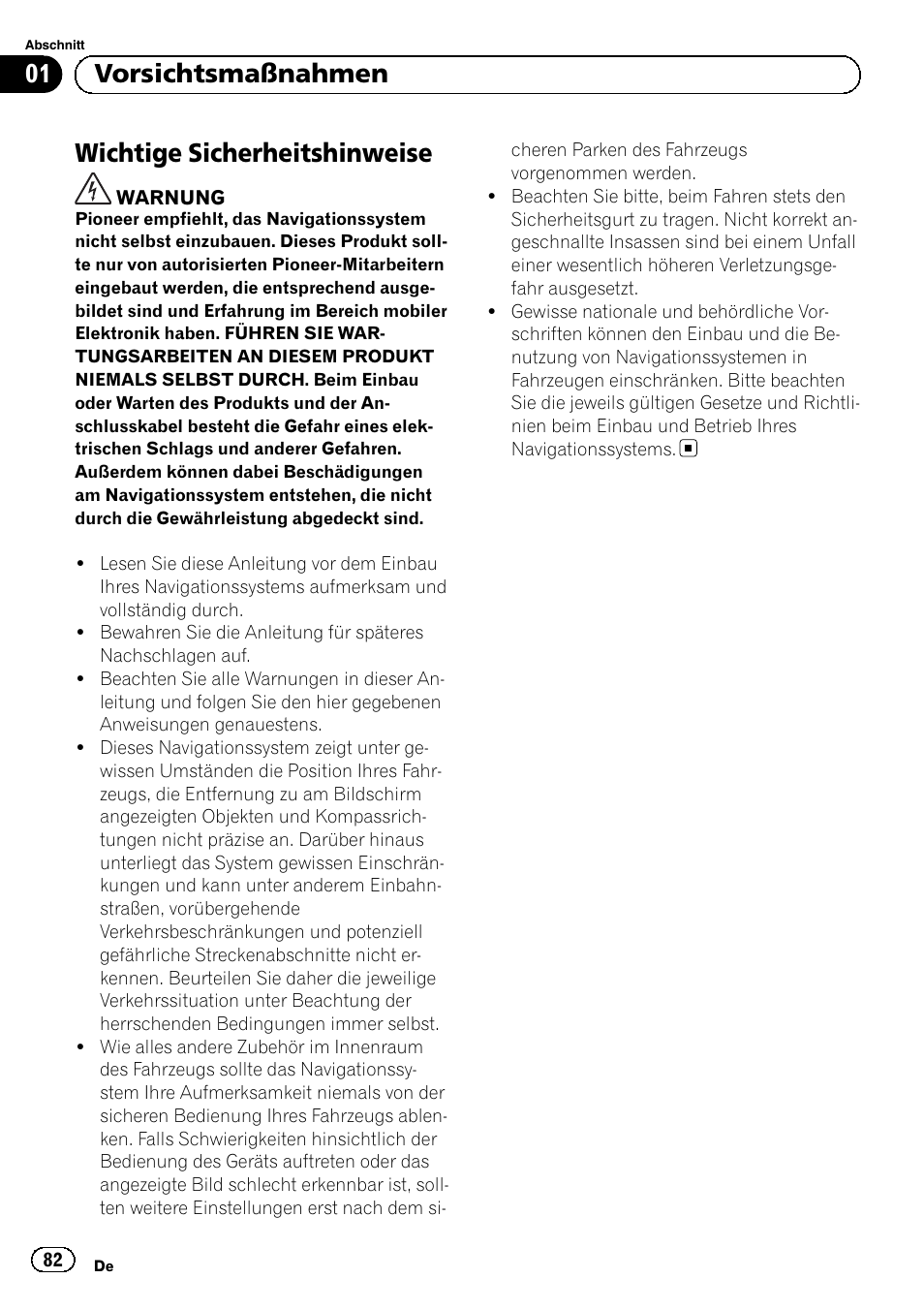 Wichtige sicherheitshinweise, 01 vorsichtsmaßnahmen | Pioneer AVIC-F840BT User Manual | Page 82 / 124