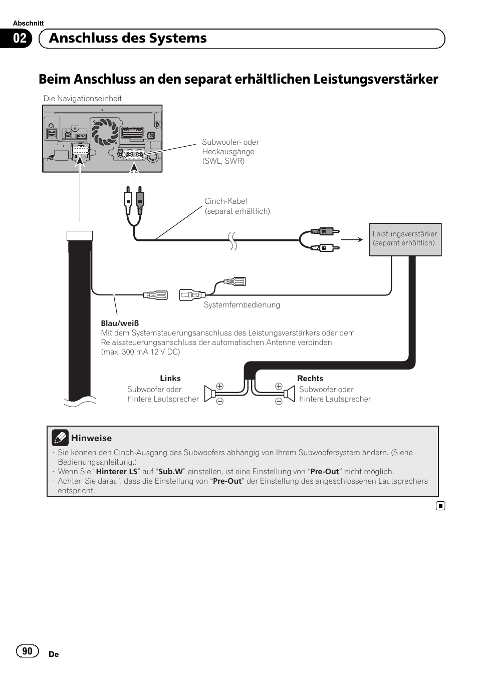 Beim anschluss an den separat erhältlichen, Leistungsverstärker, 02 anschluss des systems | Pioneer AVIC-F840BT User Manual | Page 90 / 124