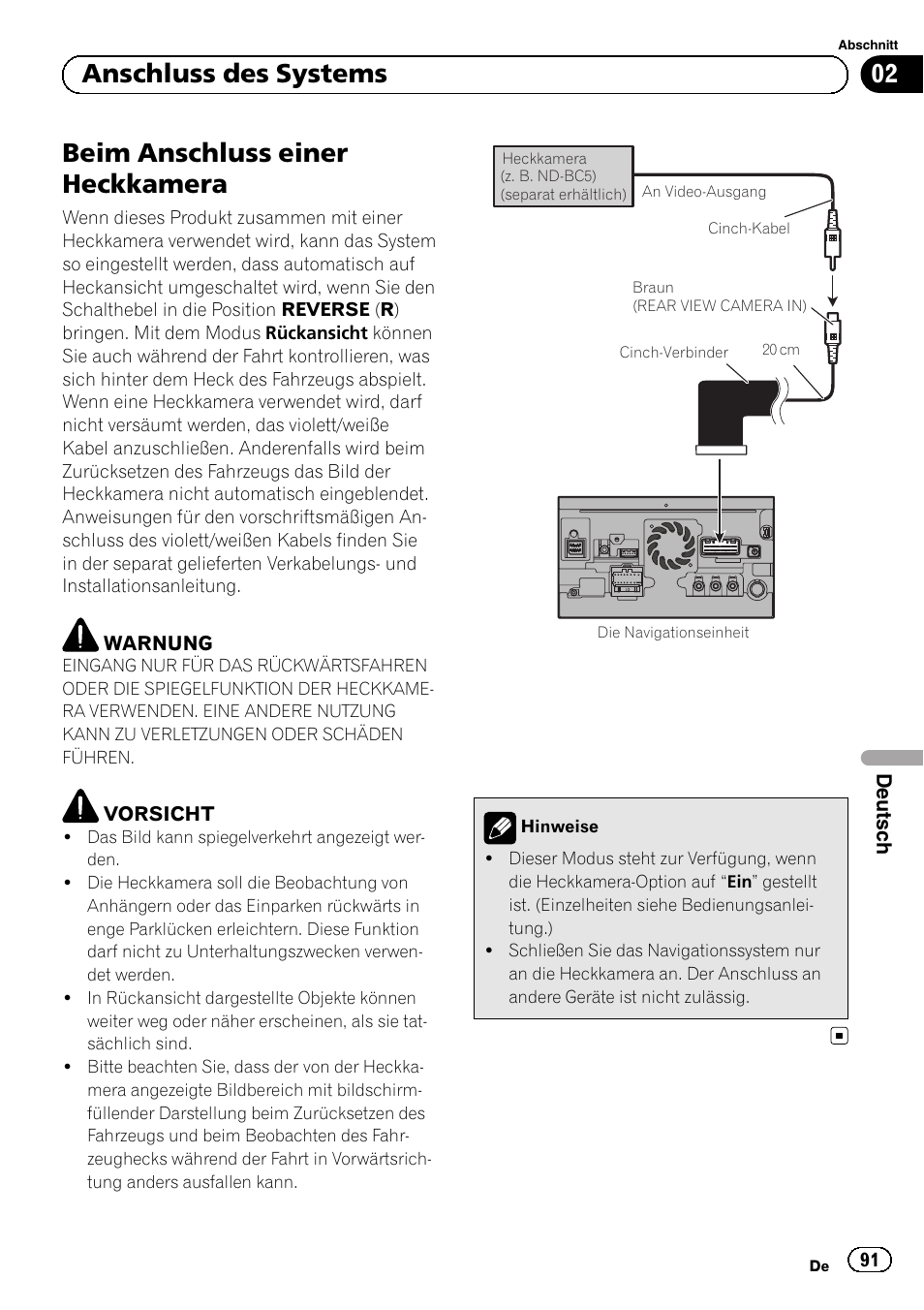 Beim anschluss einer heckkamera, 02 anschluss des systems | Pioneer AVIC-F840BT User Manual | Page 91 / 124