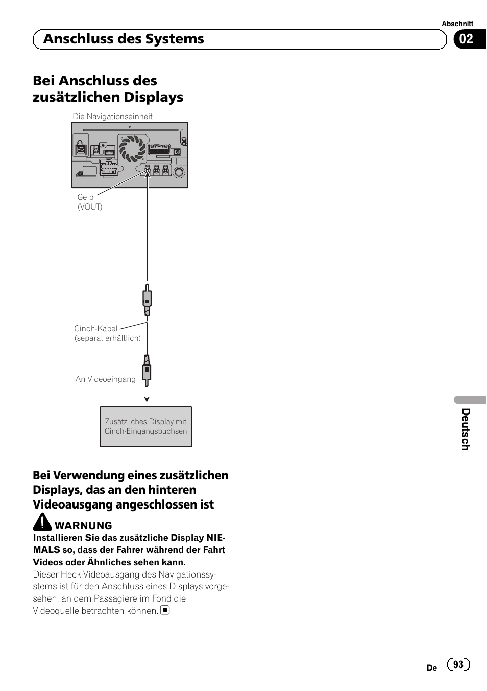 Bei anschluss des zusätzlichen displays, Bei verwendung eines zusätzlichen, 02 anschluss des systems | Pioneer AVIC-F840BT User Manual | Page 93 / 124