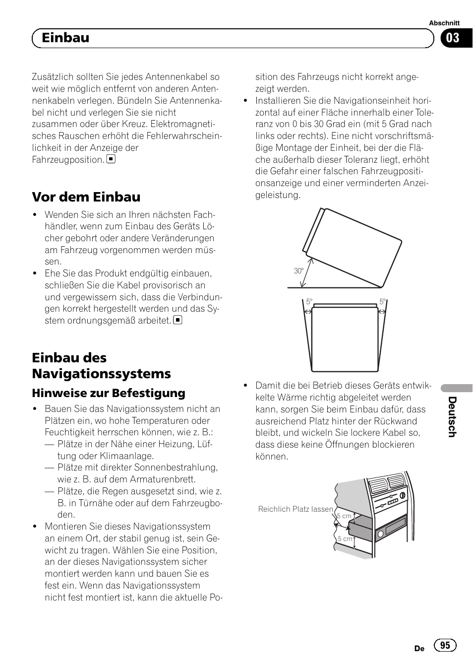 Vor dem einbau, Einbau des navigationssystems, Hinweise zur befestigung 95 | 03 einbau, Hinweise zur befestigung | Pioneer AVIC-F840BT User Manual | Page 95 / 124