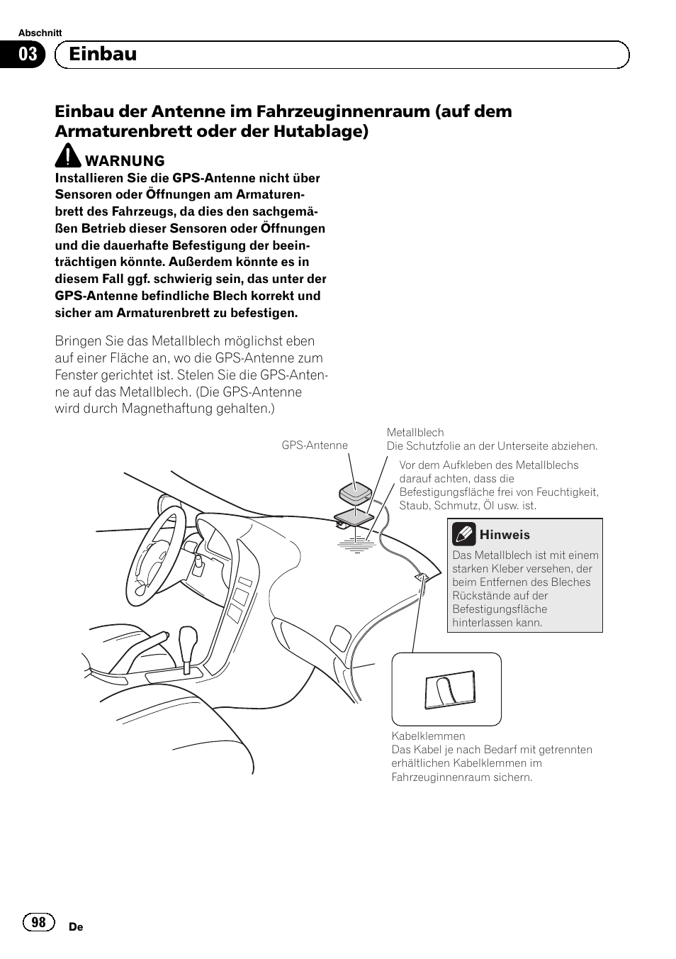 Einbau der antenne im, 03 einbau | Pioneer AVIC-F840BT User Manual | Page 98 / 124