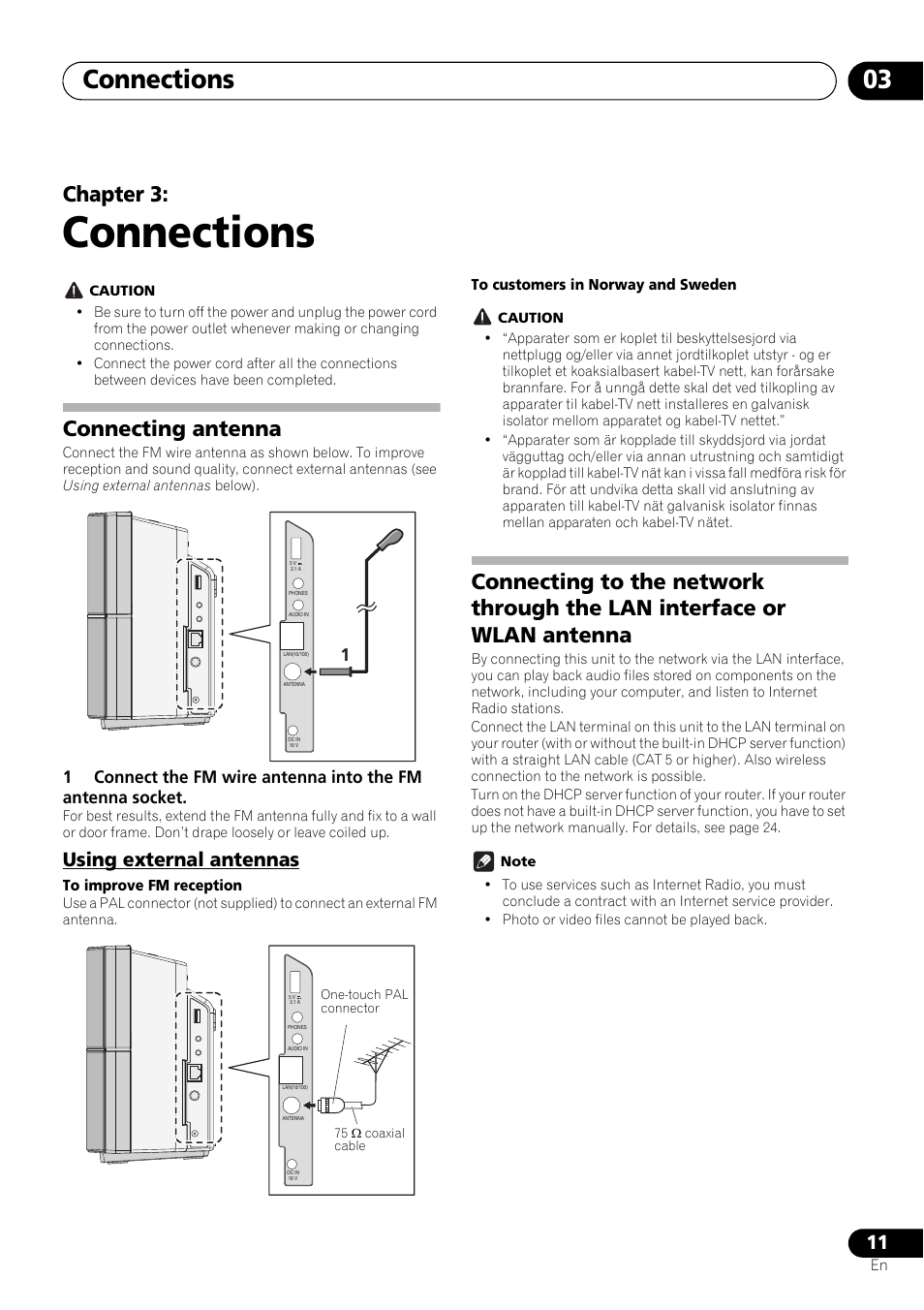 03 connections, Connecting antenna, Using external antennas | Connecting to the network through the, Lan interface or wlan antenna, Connections, Connections 03, Chapter 3 | Pioneer X-SMC55-S User Manual | Page 11 / 54