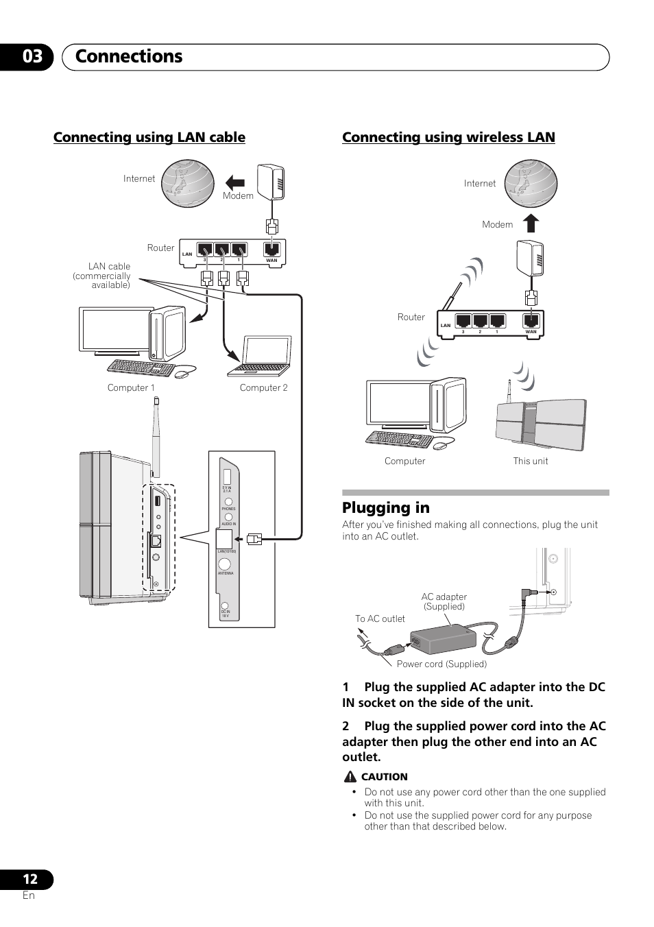 Connecting using lan cable, Connecting using wireless lan, Plugging in | Connections 03 | Pioneer X-SMC55-S User Manual | Page 12 / 54