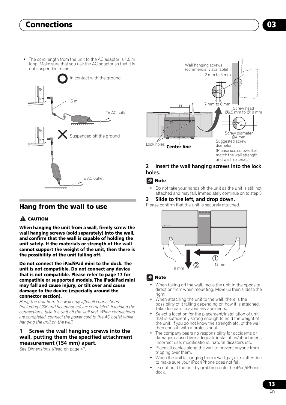 Hang from the wall to use, Connections 03 | Pioneer X-SMC55-S User Manual | Page 13 / 54