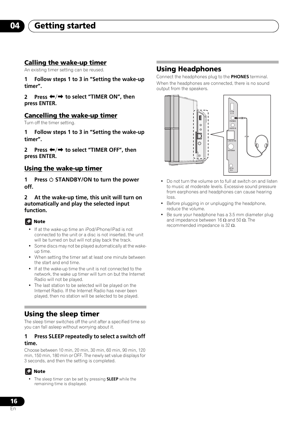 Calling the wake-up timer, Cancelling the wake-up timer, Using the wake-up timer | Using the sleep timer, Using headphones, Getting started 04 | Pioneer X-SMC55-S User Manual | Page 16 / 54